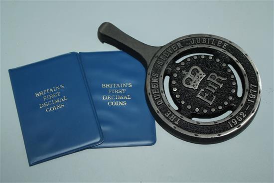 1953 Specimen Coin Set, 4 Festival of Britain Crowns, 20 Decimal Coin Sets, Silver Jubilee trivet & 2 other items